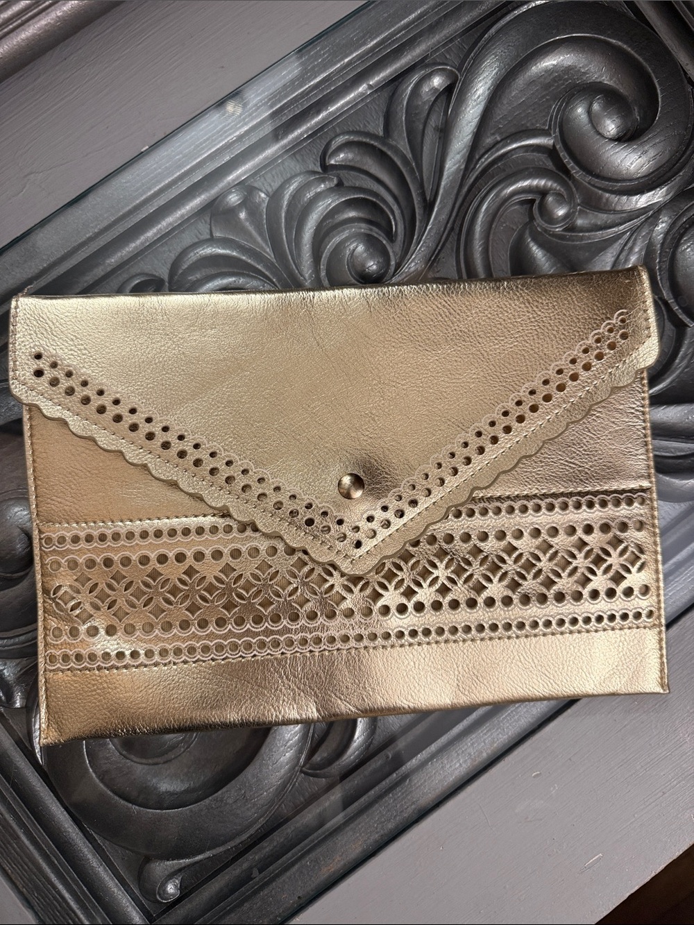 dressbarn Metallic Gold Laser Cut Envelope Clutch